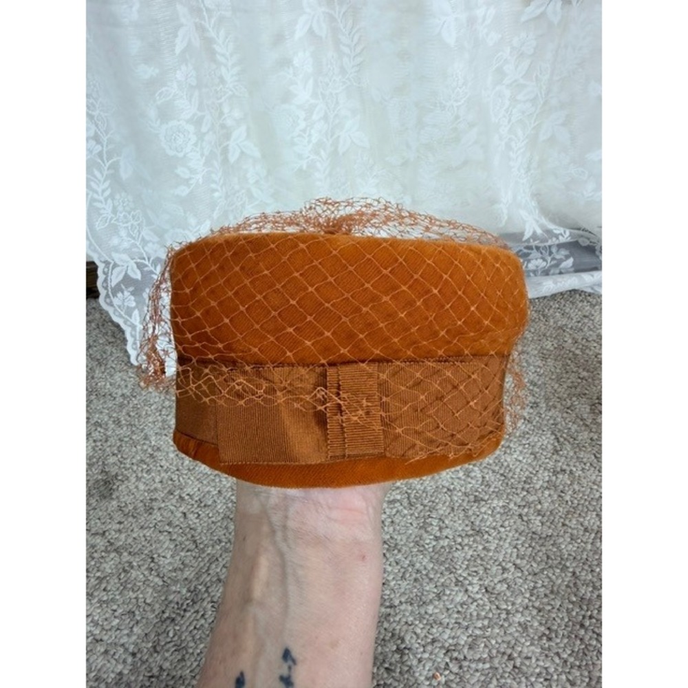 Vintage Burnt Orange Velvet Pillbox Hat with Birdcage Veil Union Made Bow